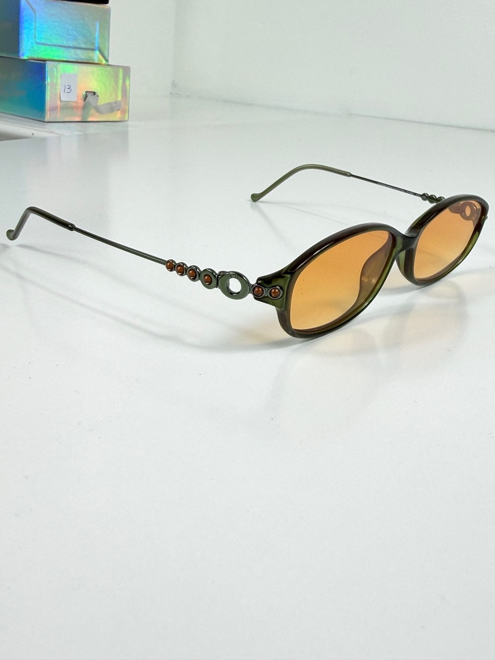 Vintage Dior CD 3033 Green Orange Cabochon Gem Sunglasses Custom Orange Lens Set - Picture 10 of 16